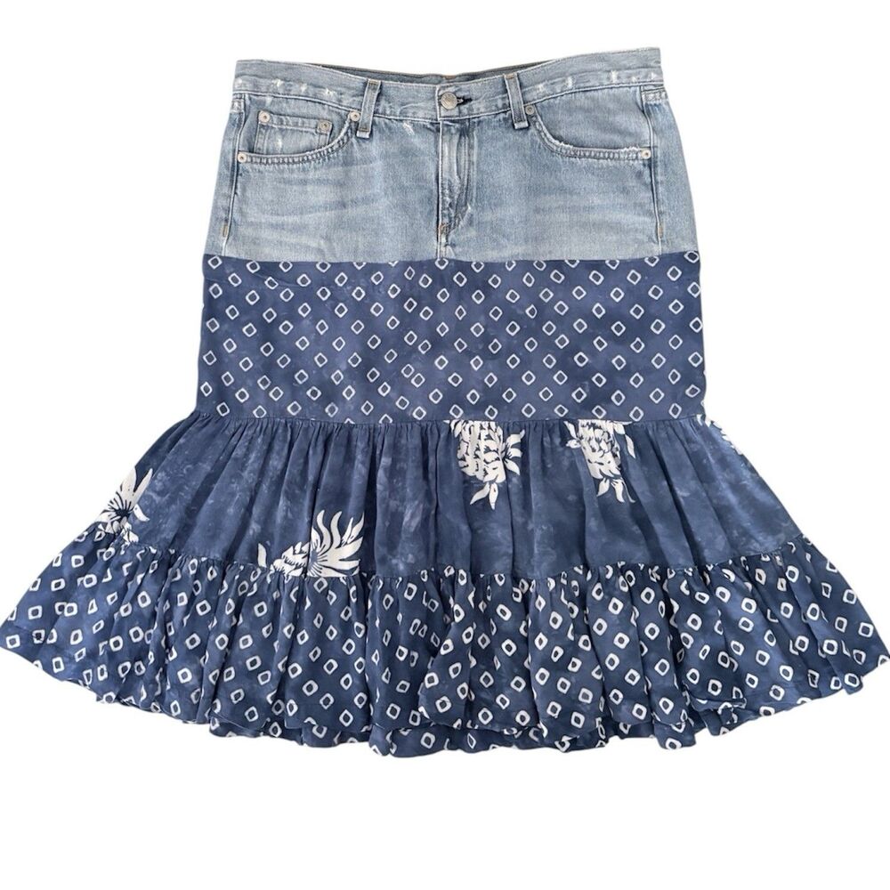 Upcycled Denim Skirt 100% Cotton with Ruffled Cotton Batik Skirt 35" Waist L